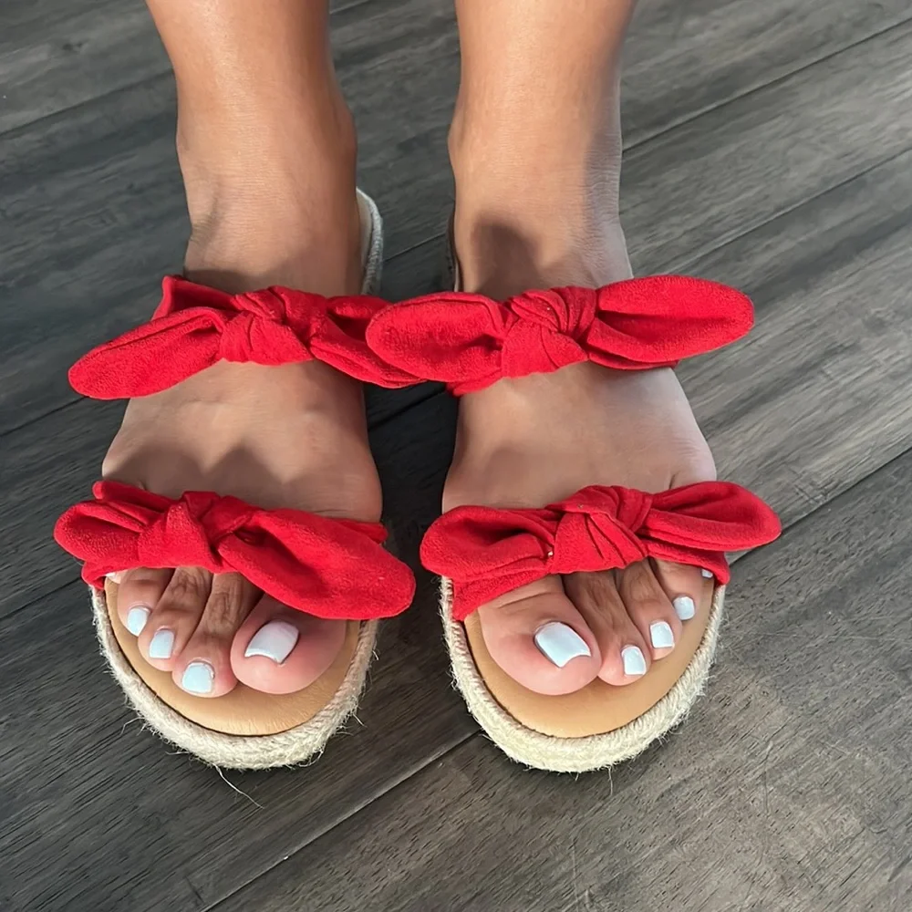 Bamboo Bow Tie Espadrille‎ Flatform Slip-On Sandals Red Womens Size 8